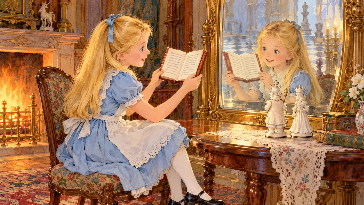 Am Kamin sitzend hält Alice ein kleines aufgeschlagenes Buch vor einen hohen Spiegel, um sein Spiegelbild zu lesen.