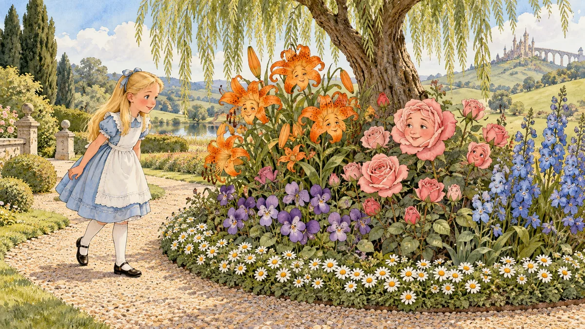 Alice arriva a un'aiuola rotonda bordata di margheritine, con un salice nel mezzo e gigli, rose e speronelle sorridenti.