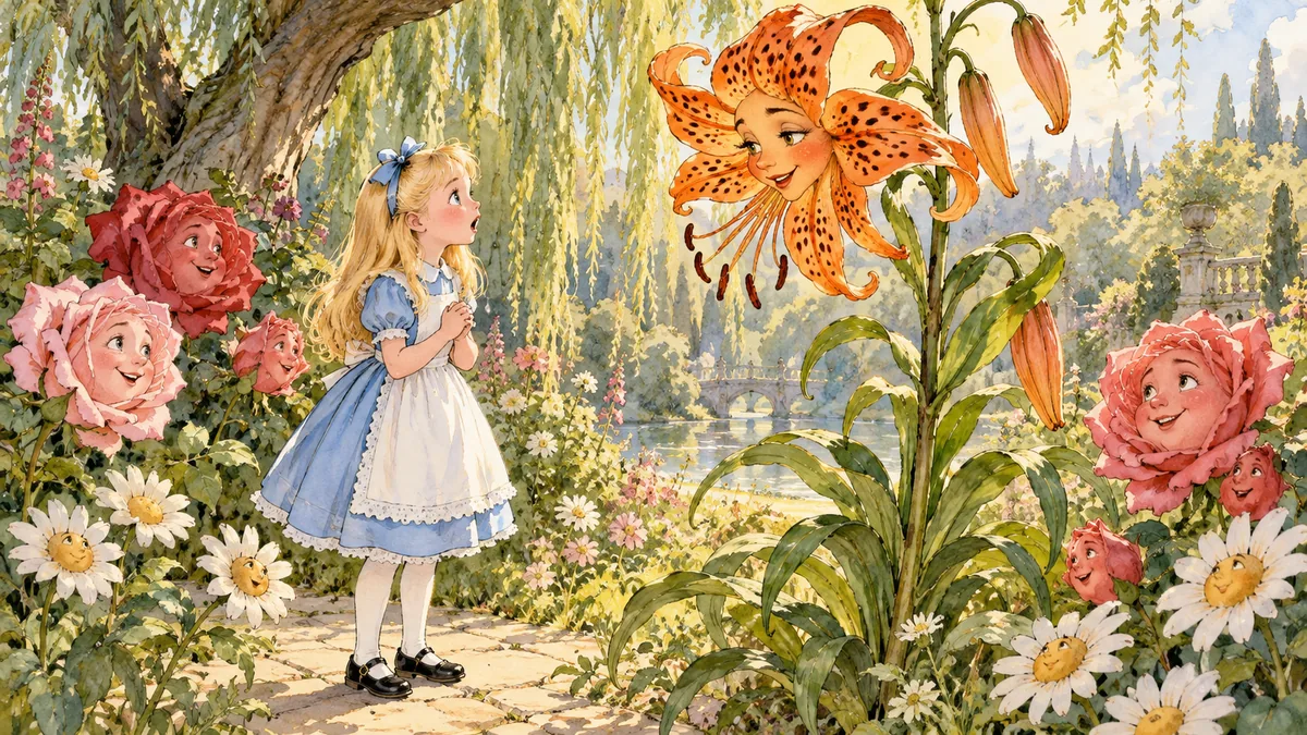 Alice resta sbalordita, con le mani giunte, mentre un alto Giglio Tigrato maculato, con un volto, le parla.