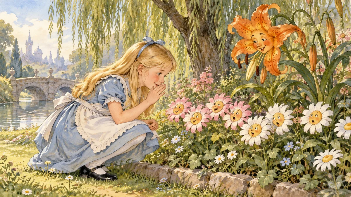 Alice, accovacciata accanto all'aiuola, sussurra a una fila di margheritine spaventate mentre il Giglio Tigrato osserva.