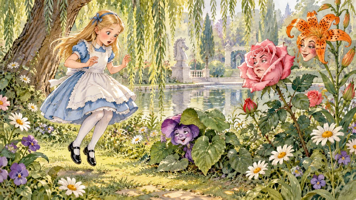 Alice fa un salto per la sorpresa quando una Viola sfacciata fa capolino da sotto le foglie, sotto gli occhi della Rosa e del Giglio Tigrato.