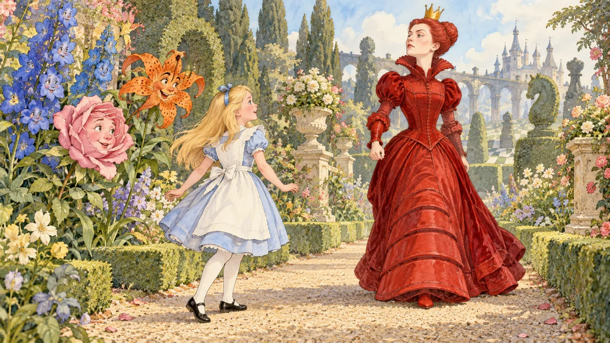 Alice si volta con impazienza sul vialetto di ghiaia mentre l'alta Regina Rossa, nel suo abito cremisi, avanza a grandi passi nel giardino.