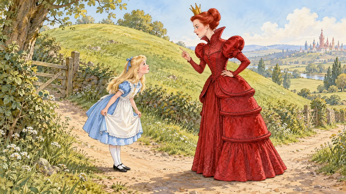 Su un sentiero di campagna ai piedi della collina, la Regina Rossa fa la predica ad Alice col dito alzato, mentre lei fa la riverenza.