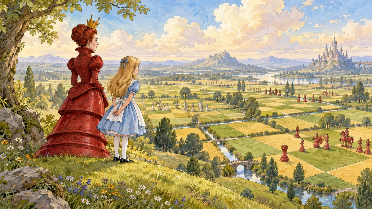 Dalla cima della collina, Alice e la Regina Rossa guardano una campagna disegnata come un'enorme scacchiera, con i pezzi sparsi nei campi.