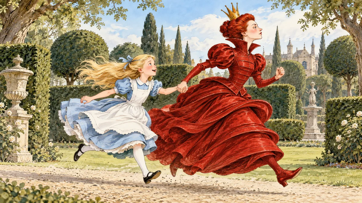 La Regina Rossa corre a perdifiato tirando Alice per mano, con i capelli della bambina che le svolazzano dietro.