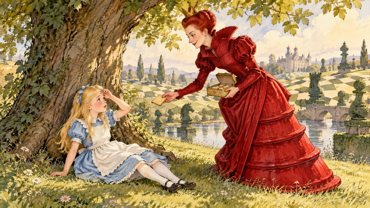 Alice siede senza fiato contro un grande albero mentre la Regina Rossa si china a offrirle un biscotto secco da una scatolina.
