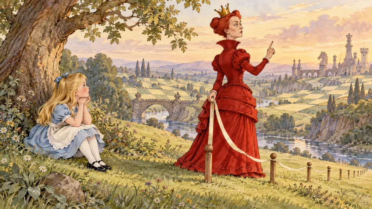 La Regina Rossa, accanto a una fila di picchetti e col suo nastro per misurare, alza un dito per dare istruzioni, mentre Alice la guarda da sotto l'albero.