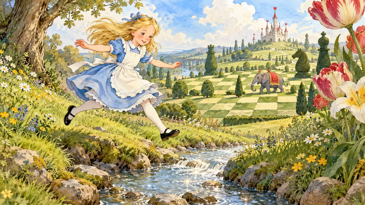 Alice tepenin eteğindeki pırıl pırıl küçük bir derenin üstünden neşeyle atlıyor.