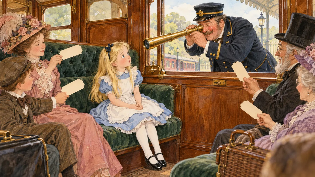 Bir tren vagonunda Kondüktör pencereden içeri eğilmiş, uzun pirinç bir teleskopla Alice'e bakıyor.