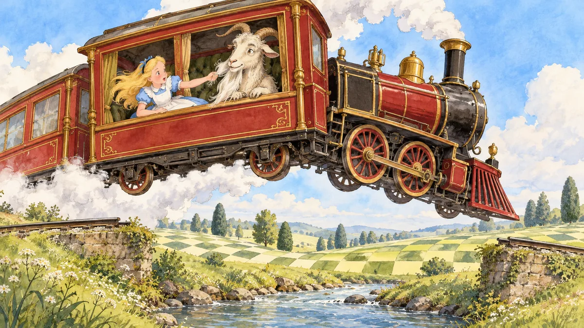 Tren bir derenin üstünden havaya sıçrıyor, Alice de Keçinin sakalına tutunuyor.