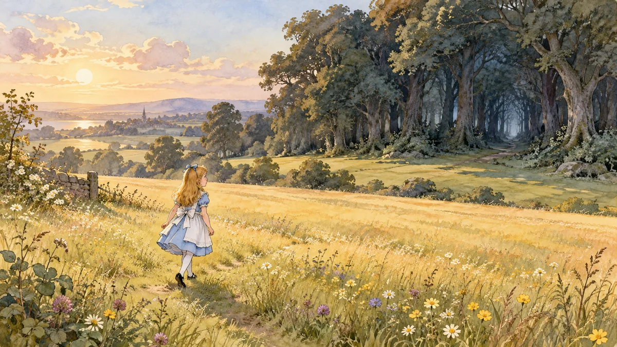 Alice güneşli bir tarlayı tek başına geçerek karanlık, gölgeli bir ormana doğru yürüyor.