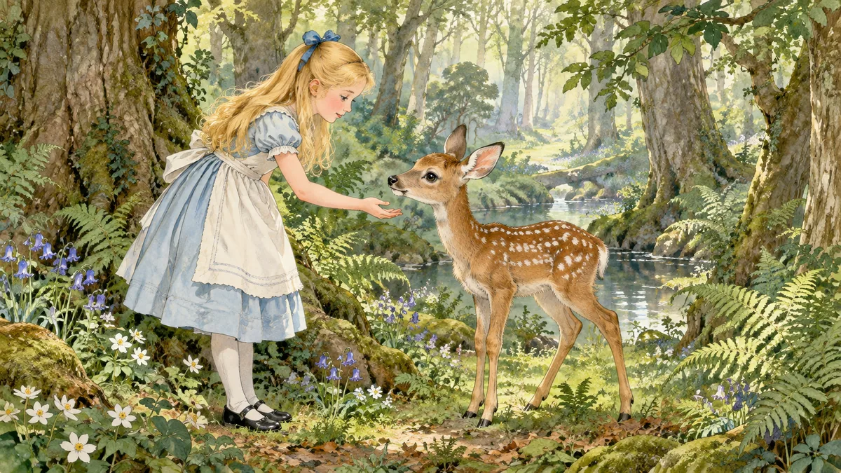 Gölgeli bir ormanda Alice benekli bir Geyik Yavrusuna usulca elini uzatıyor.