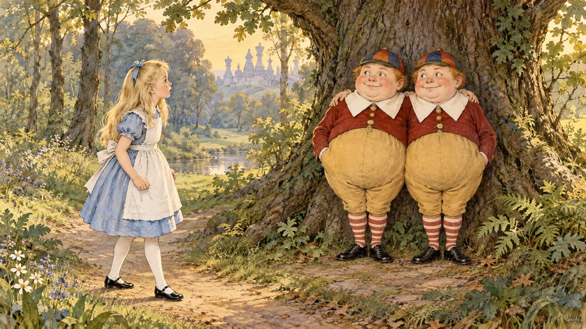 Alice, ormanda büyük bir ağacın altında kol kola duran Tıngırdım ile Tıngırdı'yla karşılaşıyor.