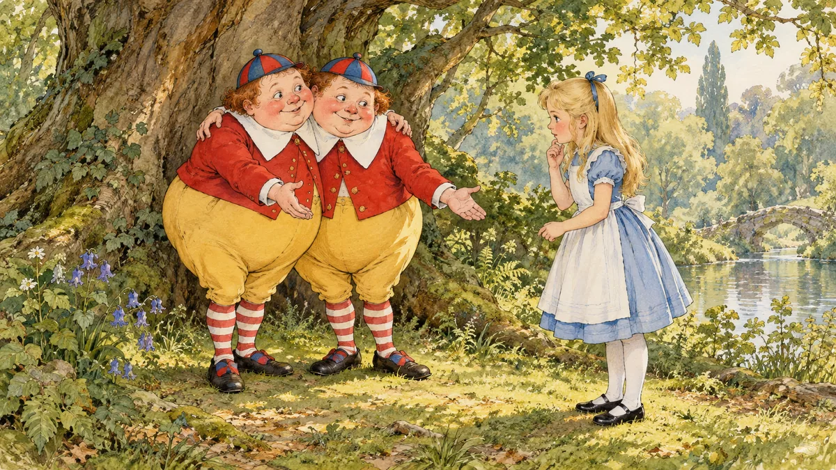 Tıngırdım ile Tıngırdı boştaki ellerini Alice'e uzatıyor, Alice ise önce hangisinin elini sıkacağını bilemiyor.