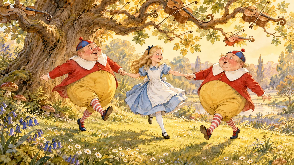 Alice ile iki tombul kardeş, dalları keman gibi çalan bir ağacın altında el ele dans ediyor.