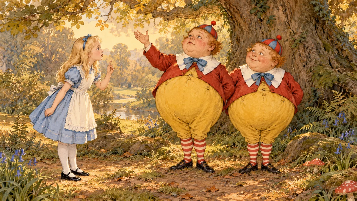 Tıngırdı elini kaldırıp uzun bir şiire başlıyor, Tıngırdım gülümsüyor, Alice ise yolu sormaya çalışıyor.