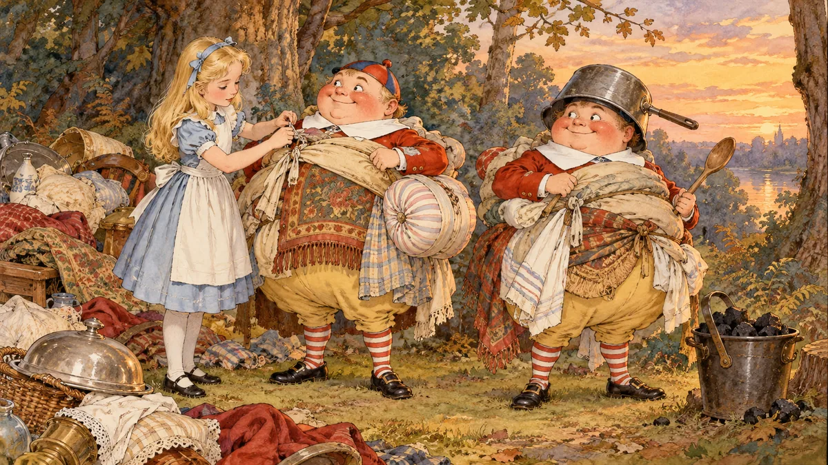 Alice, yastık, kilim ve masa örtüleriyle şişirilmiş iki kardeşin iplerini bağlıyor; birinin başında miğfer yerine bir tencere var.