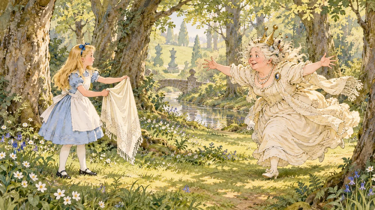Alice hält einen Schal hoch, während die Weiße Königin mit weit ausgebreiteten Armen durch den Wald auf sie zuläuft.