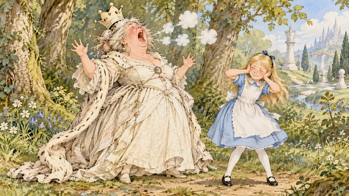 Die Weiße Königin kreischt wie eine Dampfpfeife, und Alice hält sich mit beiden Händen die Ohren zu.