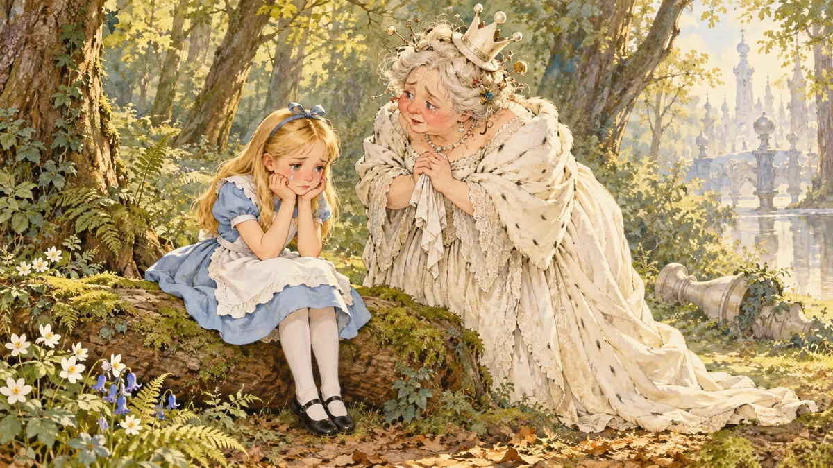 Alice sitzt weinend auf einem bemoosten Baumstamm, und die Weiße Königin ringt neben ihr die Hände.