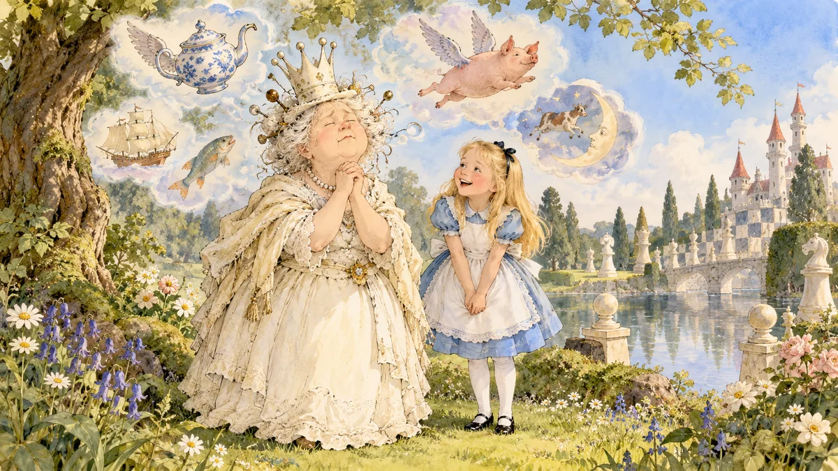 Die Weiße Königin schließt die Augen, um Unmögliches zu glauben, etwa ein fliegendes Schwein und eine geflügelte Teekanne, und Alice lacht.