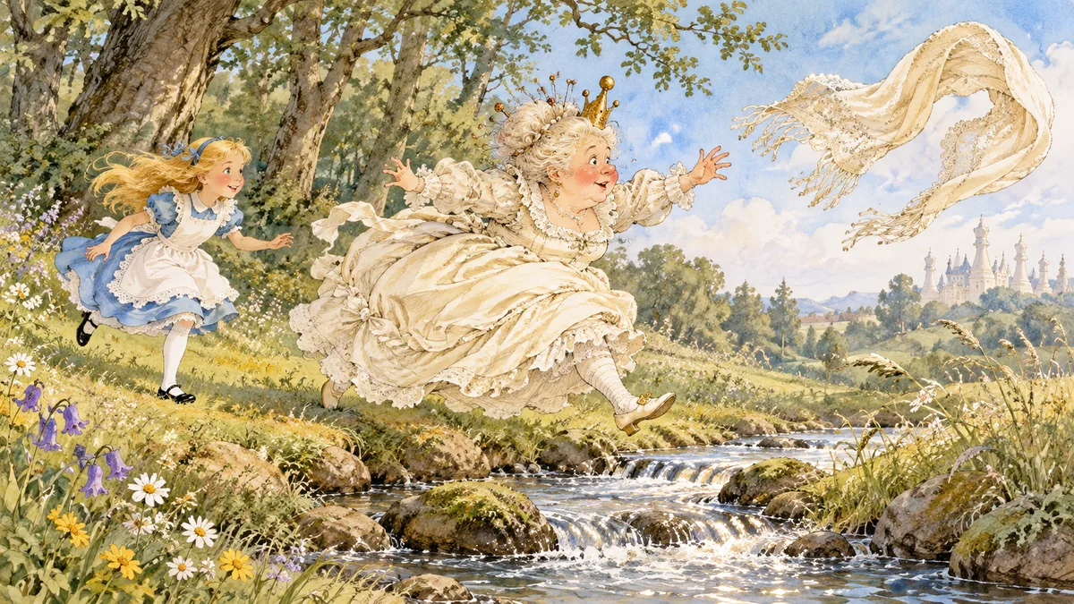 Der Wind weht den Schal über einen kleinen Bach, die Weiße Königin springt hinterher, und Alice läuft ihr nach.
