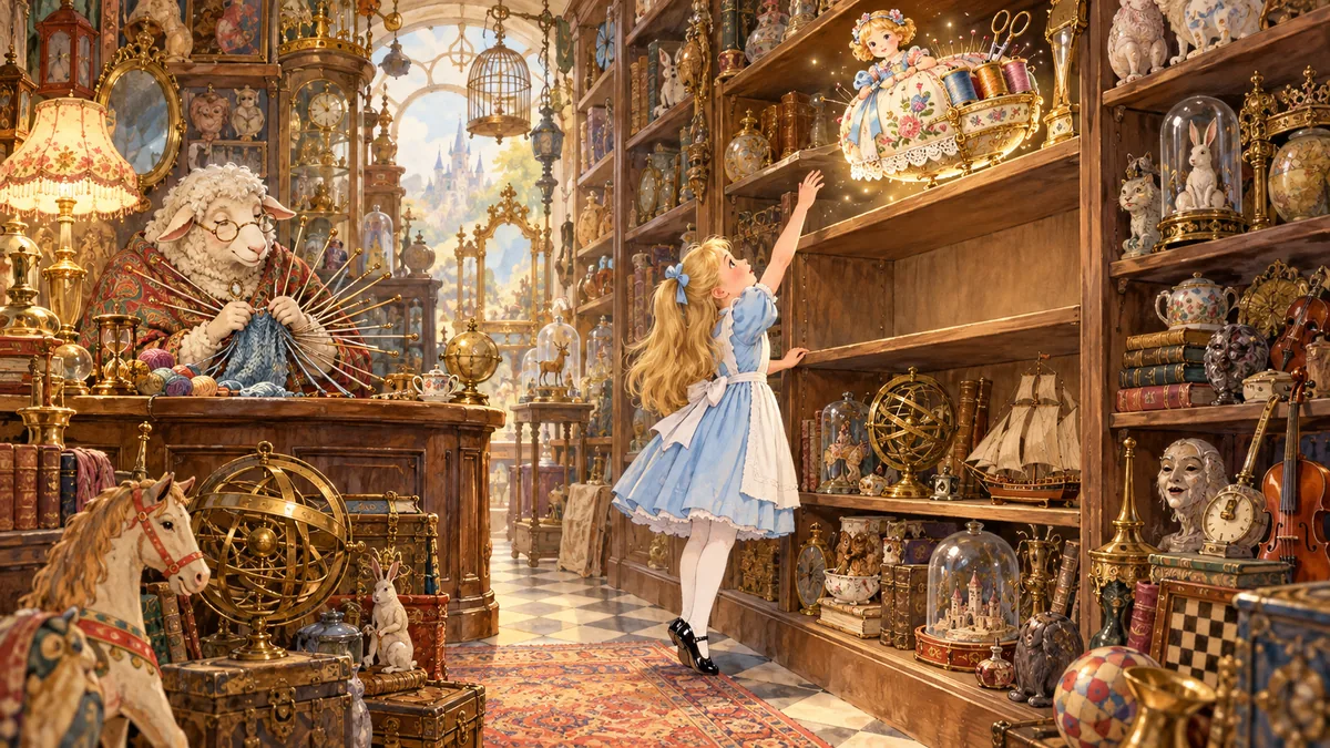 Alice greift nach einem glänzenden, puppenartigen Ding auf einem hohen Regal, während das Schaf mit sehr vielen Nadeln strickt.