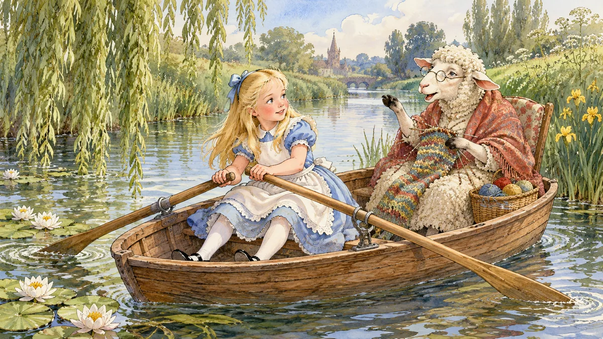 Alice rudert ein kleines Holzboot über einen stillen Fluss, während das Schaf strickt und ihr etwas zuruft.