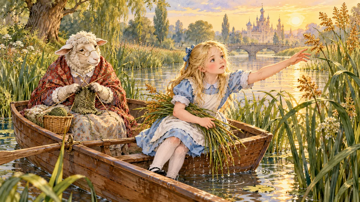 Alice mit nassem Haar hält einen Arm voll Binsen und streckt sich nach einer weiteren, während das Boot treibt und das Schaf strickt.