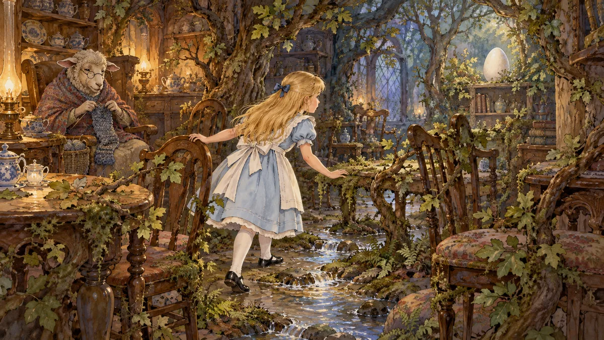 Alice tastet sich durch einen Laden, der zum Wald wird, mit einem Bach auf dem Boden, zu einem Ei auf einem fernen Regal.