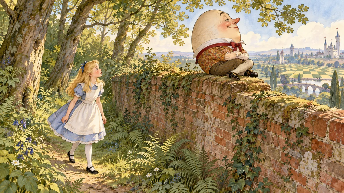 Alice geht einen Waldweg entlang und blickt zu Goggelmoggel hinauf, der mit erhobener Nase auf einer hohen Backsteinmauer sitzt.