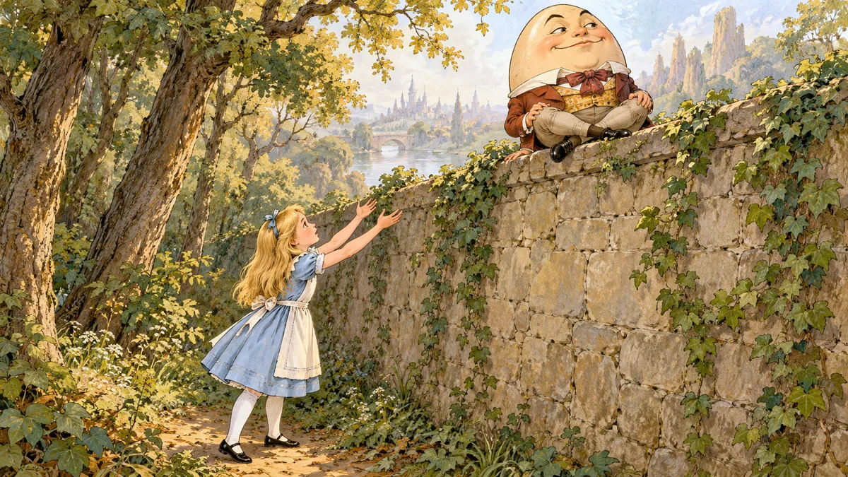 Alice steht unten an der Mauer und streckt die Arme hoch, bereit, Goggelmoggel aufzufangen, falls er fällt.