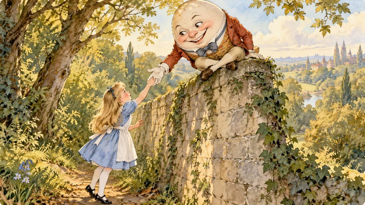 Goggelmoggel grinst von einem Ohr zum anderen und beugt sich von der Mauer herab, um Alice die Hand zu geben.