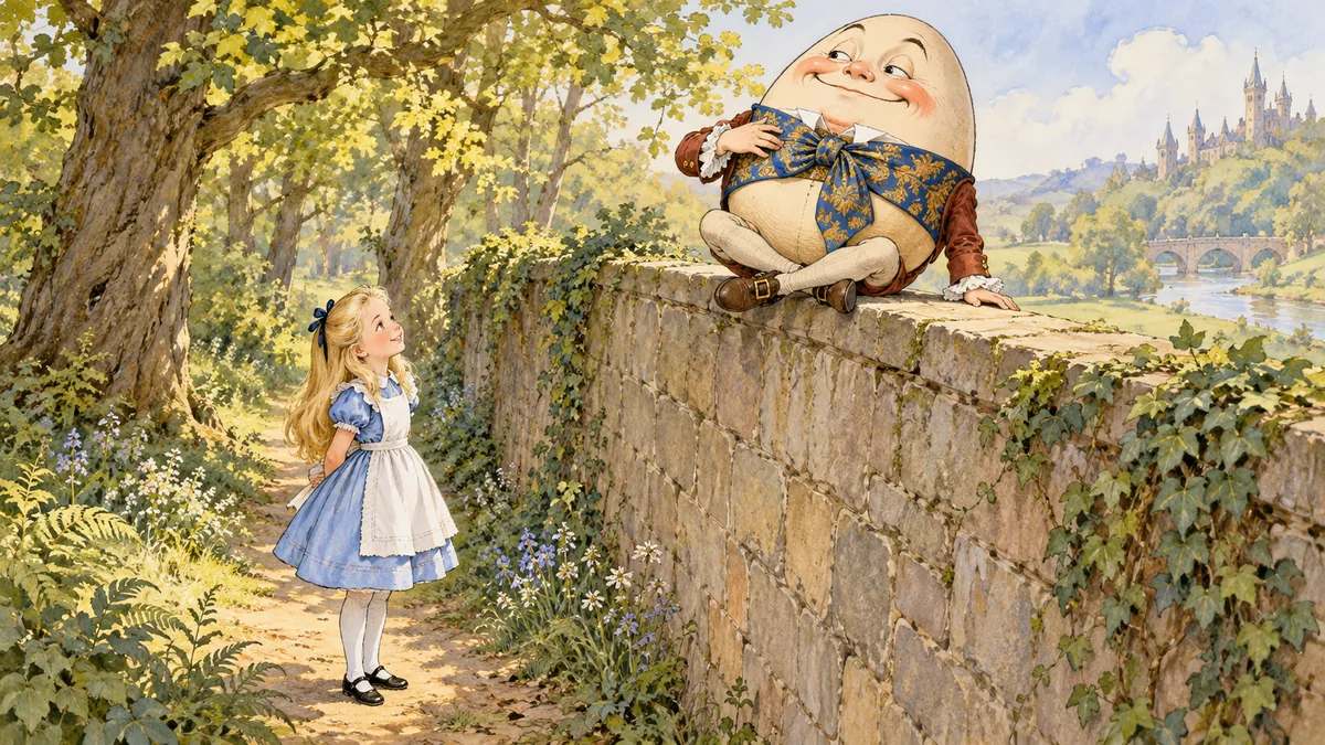 Goggelmoggel zeigt stolz die blau-goldene Krawatte um seine Mitte, und Alice lächelt zu ihm hinauf.