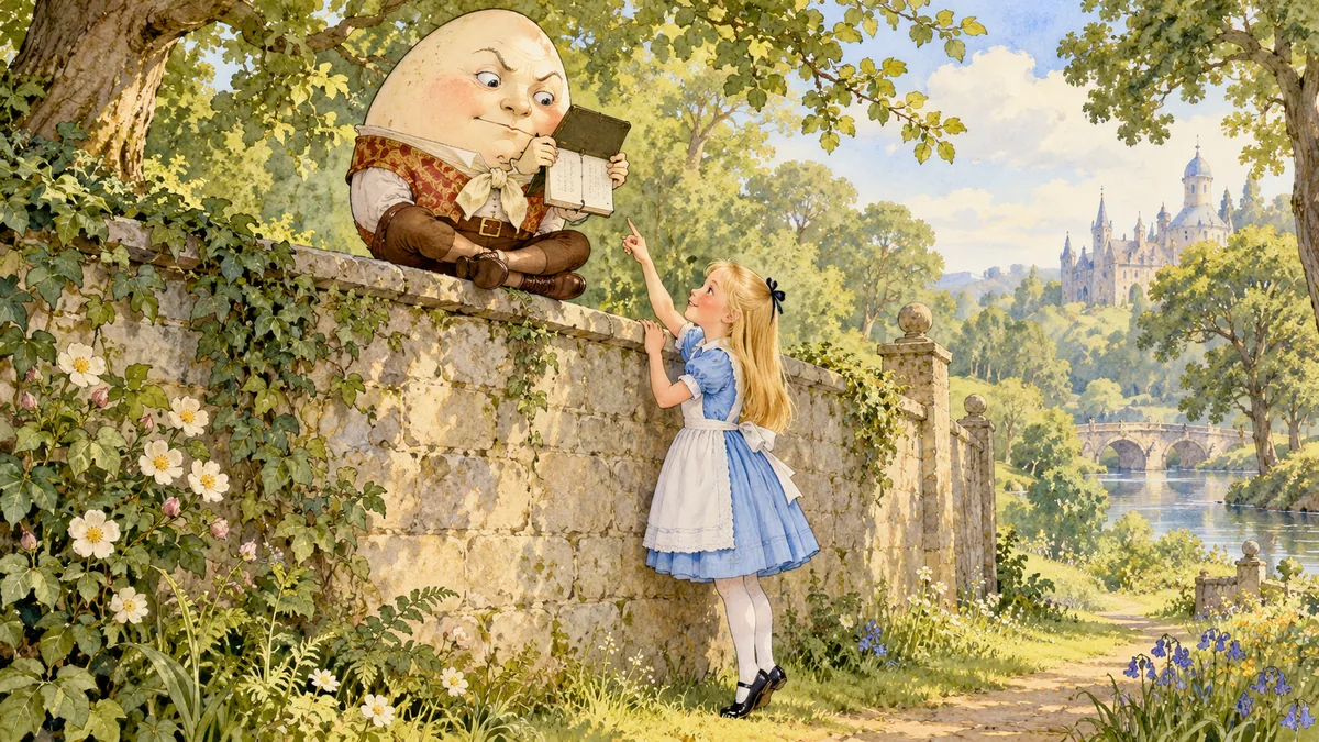 Goggelmoggel starrt stirnrunzelnd auf ein kleines Notizbuch, das er verkehrt herum hält, und Alice zeigt lächelnd darauf.
