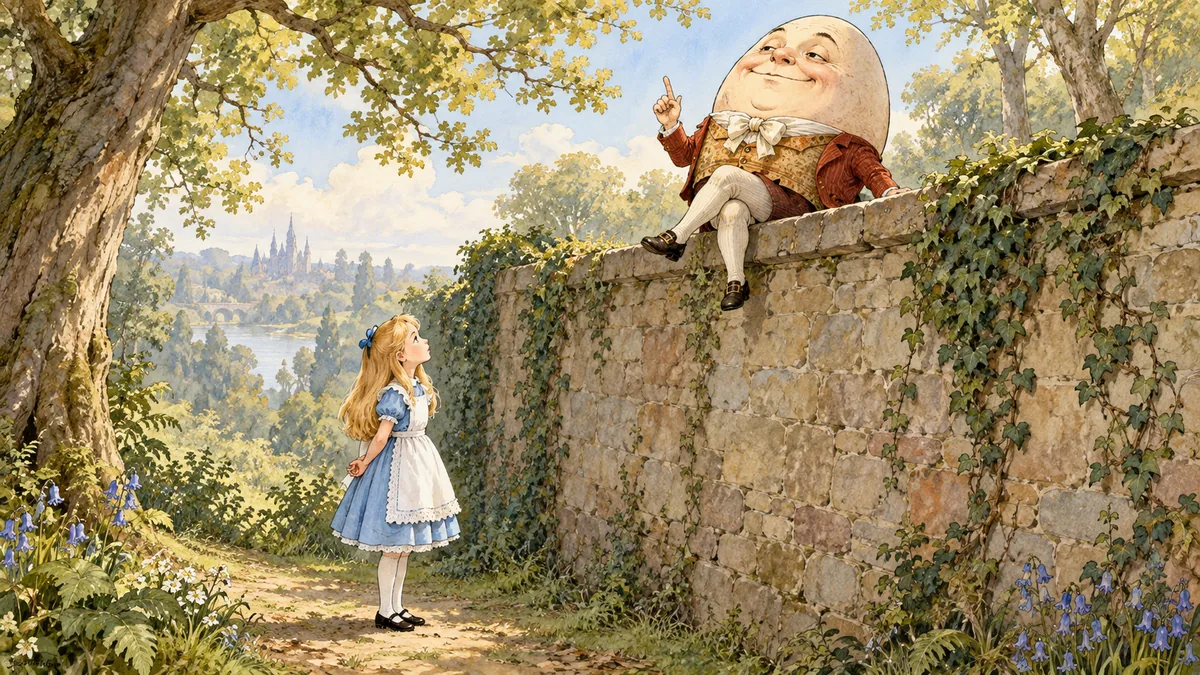 Goggelmoggel hebt einen Finger und doziert mit herablassendem Lächeln, während Alice verwirrt zuhört.
