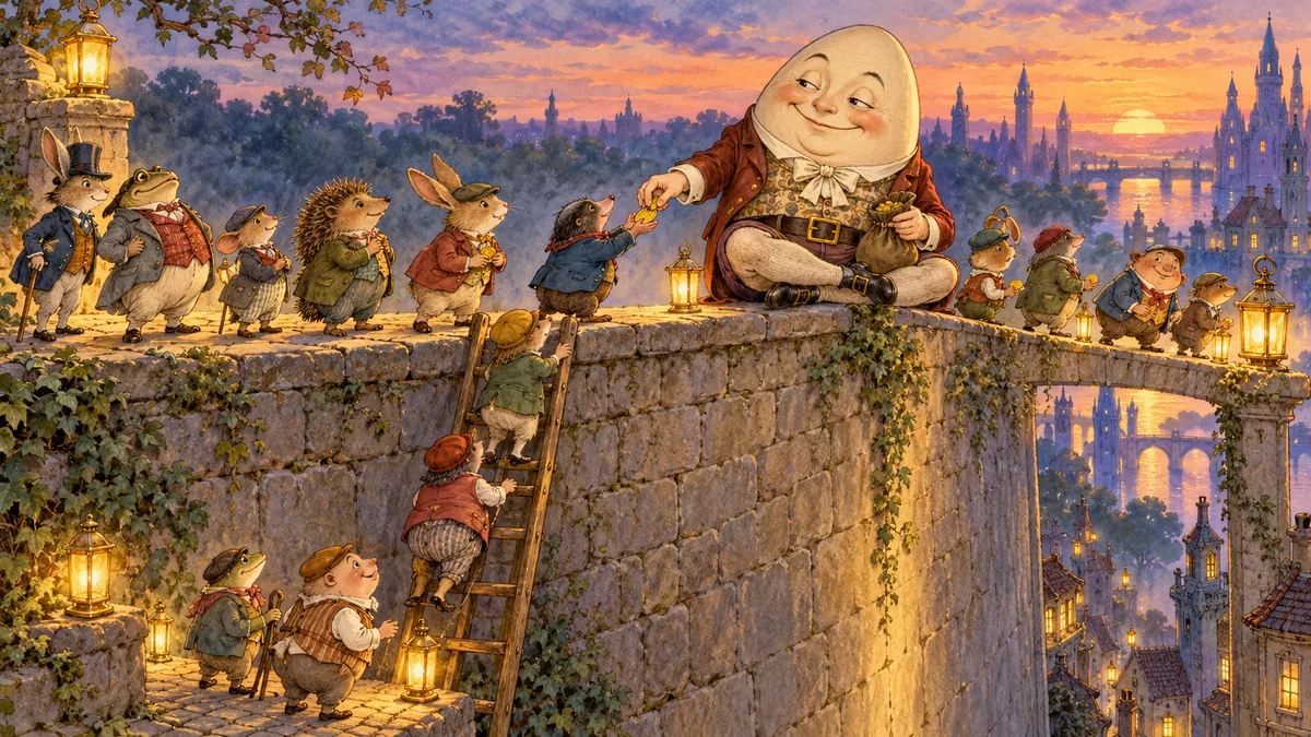 In der Abenddämmerung stehen kleine Wesen in Westen und Mützen auf der Mauer Schlange und klettern eine Leiter hinauf, um von Goggelmoggel Goldmünzen zu holen.