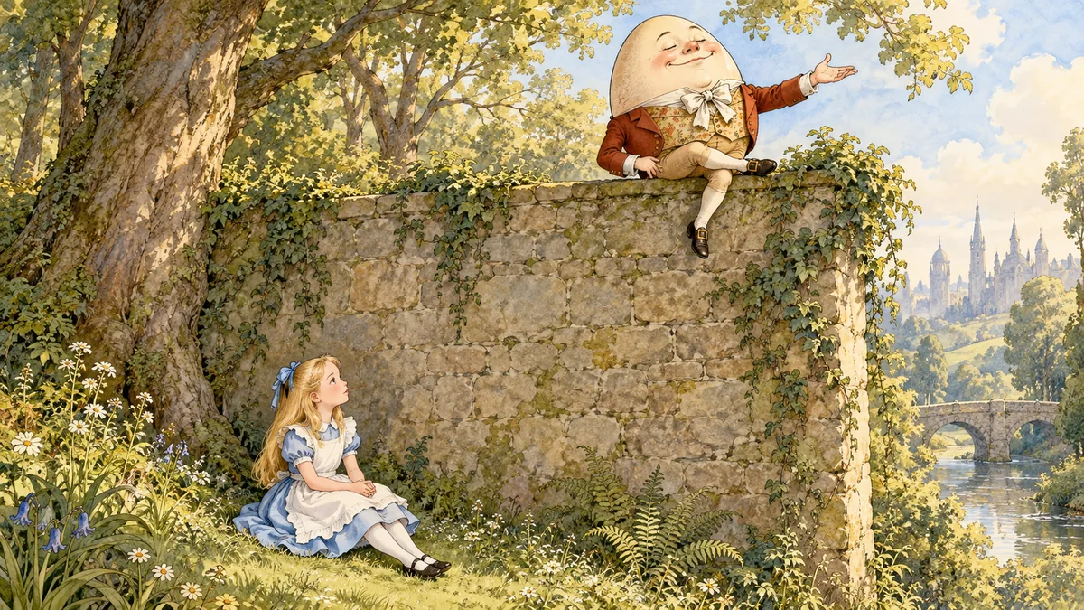 Alice sitzt artig unter der Mauer im Gras, während Goggelmoggel mit geschlossenen Augen und ausgestreckter Hand ein Gedicht vorträgt.