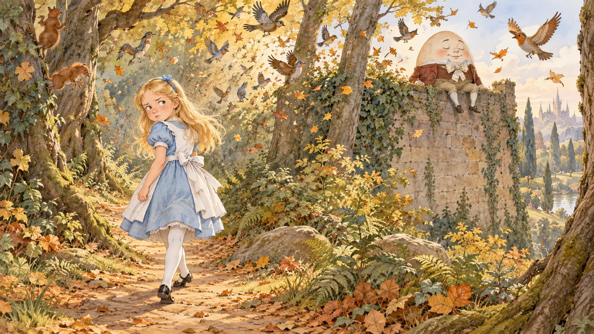 Alice geht einen Waldweg entlang davon und schaut zurück, während Vögel und Blätter aufwirbeln und Goggelmoggel mit geschlossenen Augen auf der Mauer sitzt.