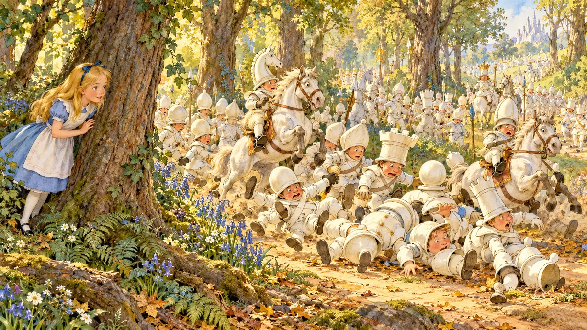 Alice sbircia da dietro un albero mentre folle di soldati bianchi degli scacchi e i loro cavalli attraversano il bosco ruzzolando.