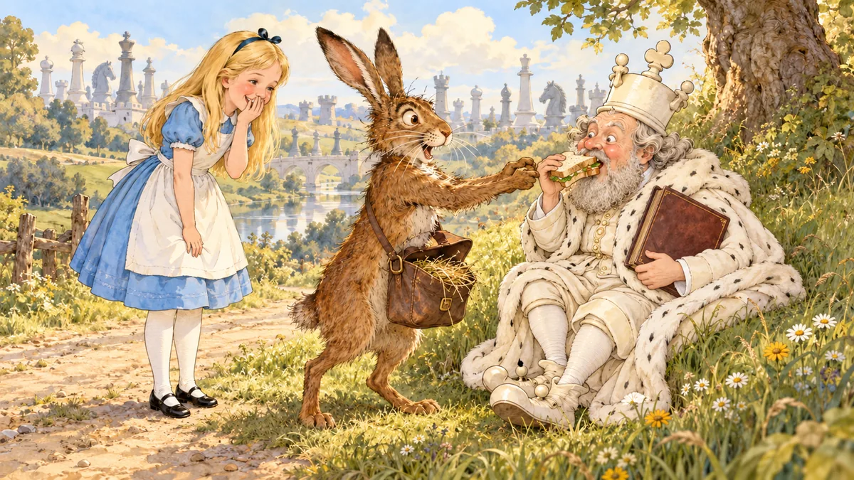 Lhepre porge al Re Bianco un panino preso dalla sua borsa, il Re lo divora e Alice ride con la mano davanti alla bocca.