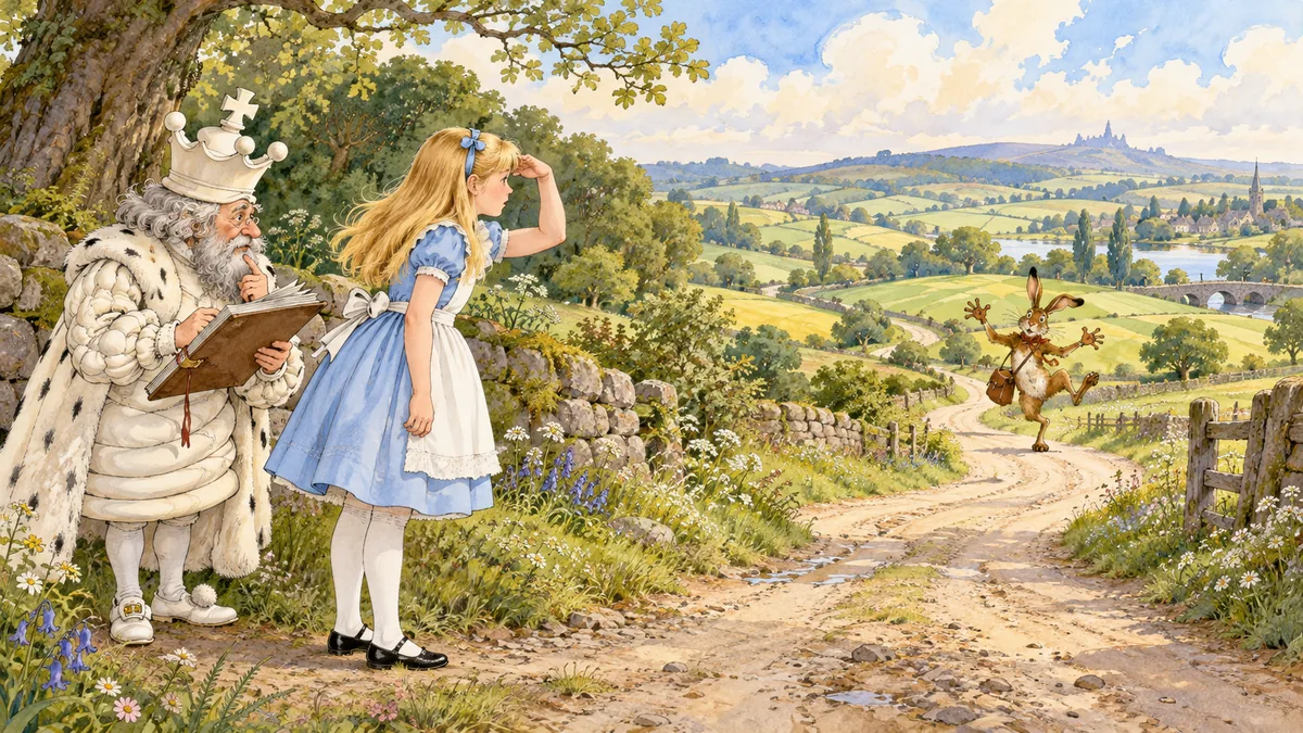 Alice si ripara gli occhi con la mano su una strada di campagna accanto al Re Bianco, mentre in lontananza la lepre Lhepre arriva saltellando e contorcendosi.