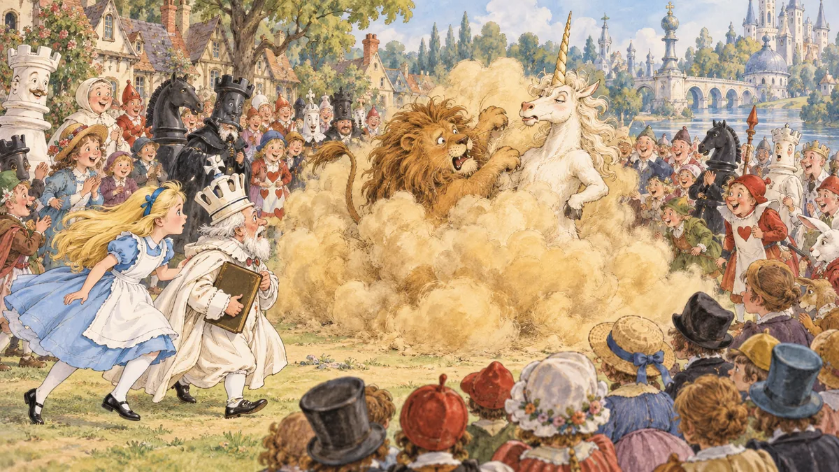 Alice e il Re Bianco arrivano di corsa tra una folla festante, dove il Leone e l'Unicorno si azzuffano in una grande nuvola di polvere.