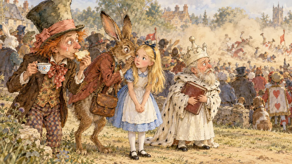 Kappell mastica pane e burro con una tazza di tè in mano e una lacrima sulla guancia, mentre Lhepre sussurra qualcosa ad Alice e il Re Bianco osserva.