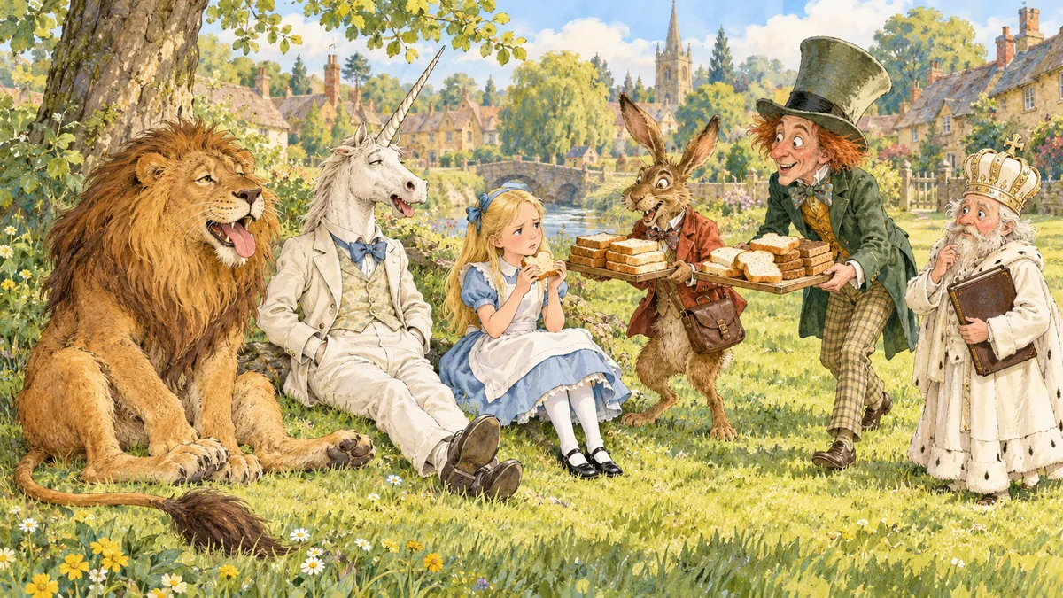 Il Leone e l'Unicorno riposano sull'erba mentre Lhepre e Kappell portano vassoi di pane bianco e nero, e Alice sbocconcella un pezzo secco.