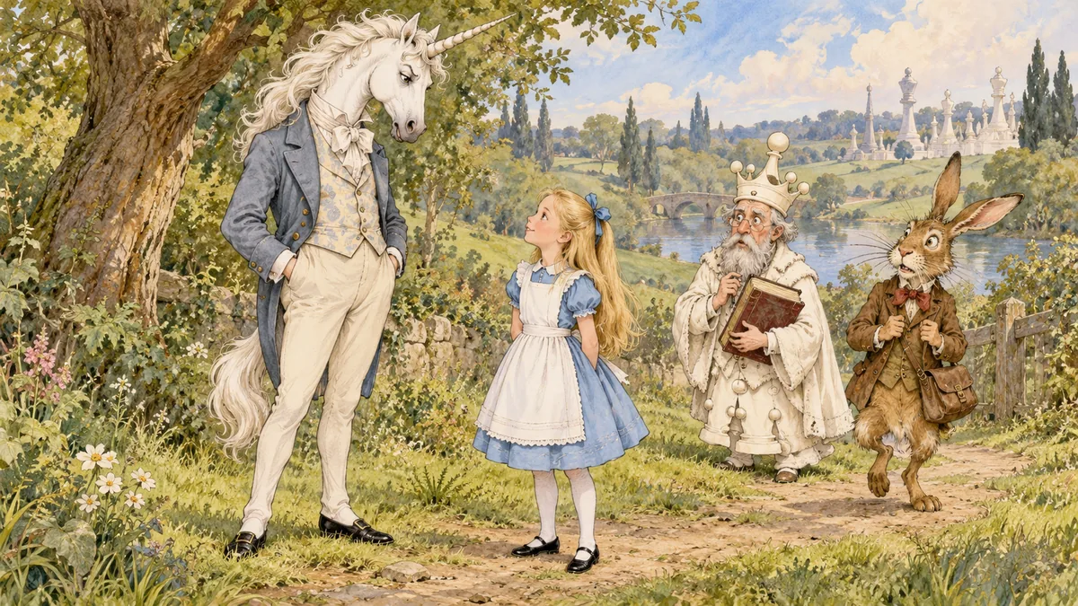 L'Unicorno, con le mani in tasca, fissa Alice dall'alto con stupore altezzoso, mentre lei lo guarda incuriosita.
