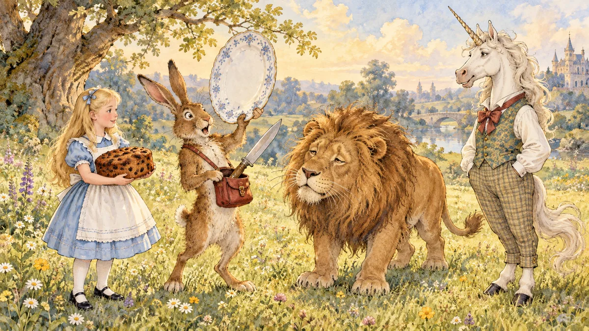 Alice tiene una grande torta di prugne mentre Lhepre tira fuori dalla borsa un piatto e un coltello, e il Leone assonnato e l'Unicorno guardano.