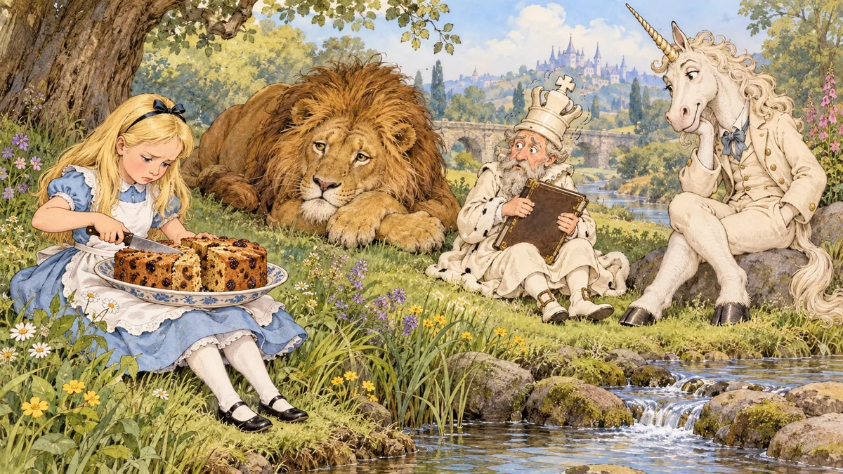 Alice, seduta accanto a un ruscello, taglia una torta di prugne sul piatto che tiene in grembo, mentre il Leone, il Re Bianco tutto nervoso e l'Unicorno aspettano lì vicino.