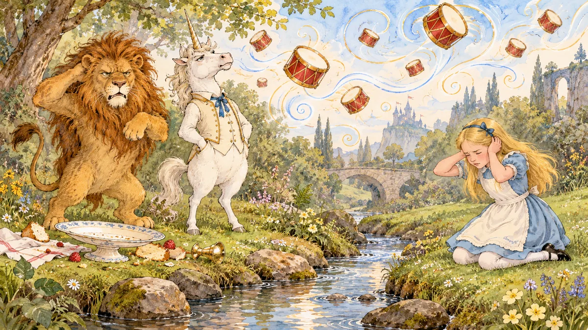 Il rullo dei tamburi riempie l'aria: Alice è inginocchiata oltre il ruscello con le mani sulle orecchie, e il Leone e l'Unicorno, imbronciati, si alzano accanto a un piatto vuoto.