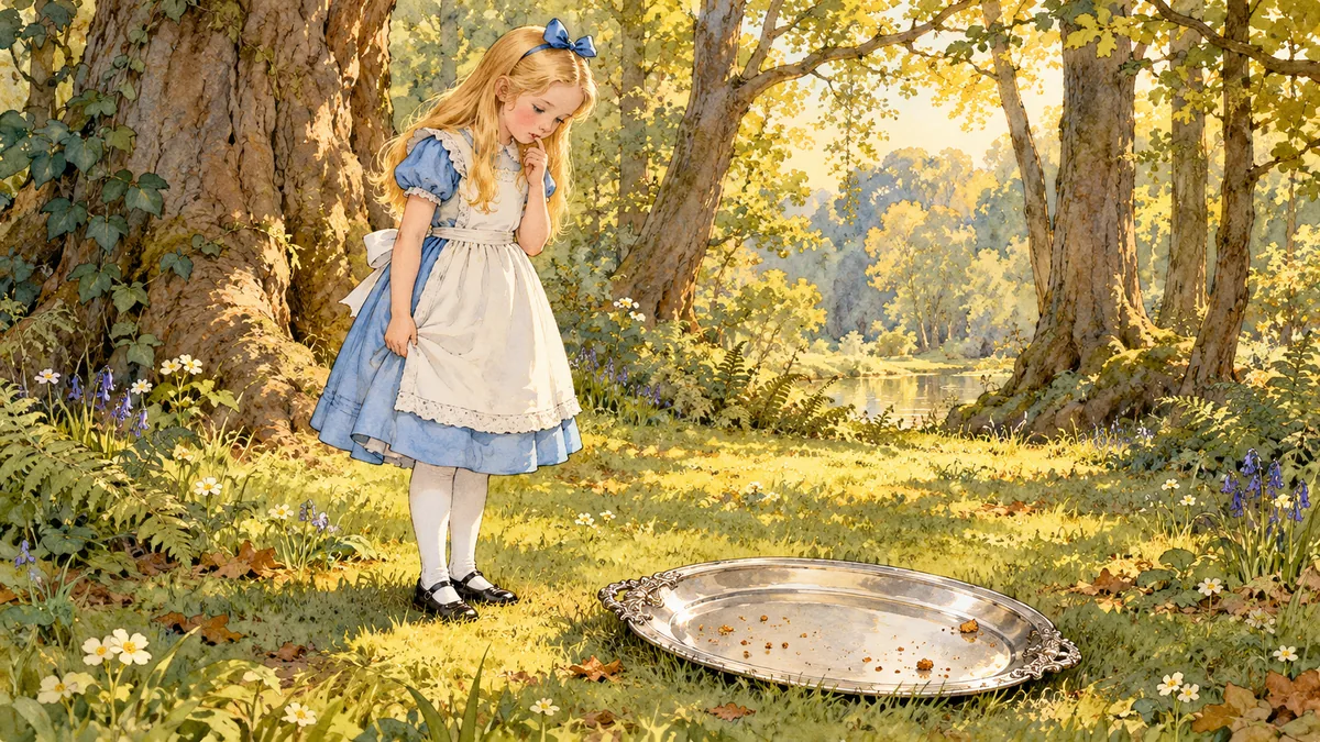 Alice sta da sola in un bosco silenzioso e guarda un grande piatto vuoto posato sull'erba ai suoi piedi.